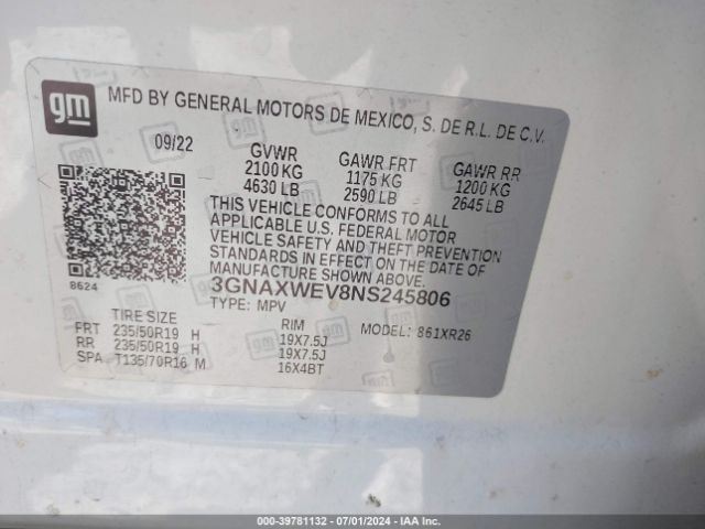 3GNAXWEV8NS245806 Chevrolet Equinox Awd Rs