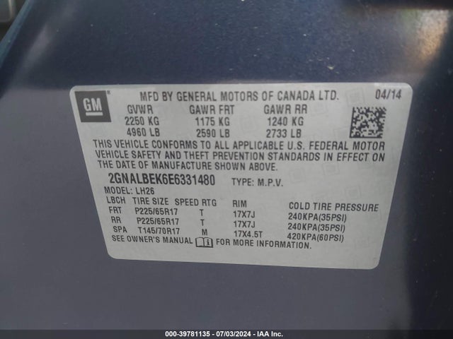 Chevrolet EQUINOX 1LT 2014 2GNALBEK6E6331480 Image 9