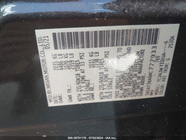 5N1AT3BA6MC777933 Nissan Rogue Sv Fwd