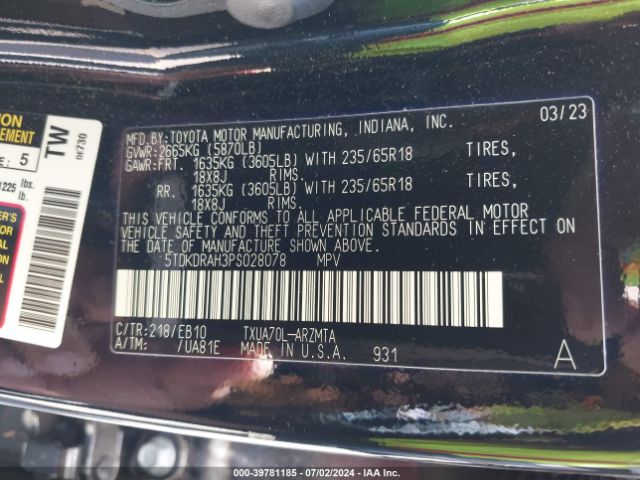 5TDKDRAH3PS028078 Toyota Highlander Xle