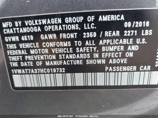 1VWAT7A37HC019732 Volkswagen Passat 1.8t S