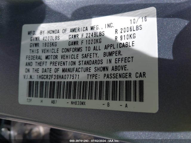 Honda ACCORD LX 2017 1HGCR2F39HA077571 Image 9