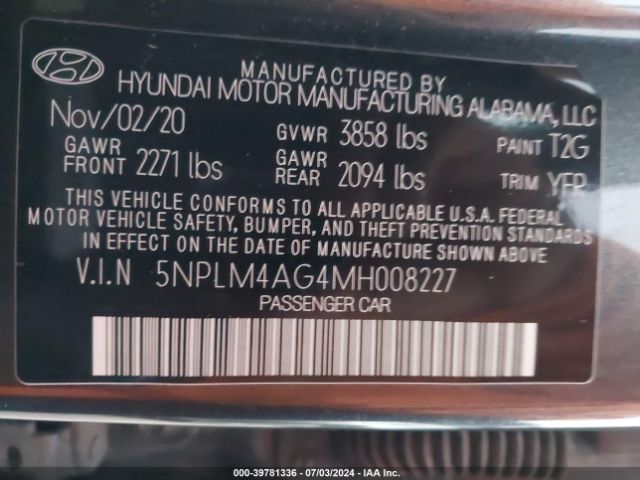 5NPLM4AG4MH008227 Hyundai ELANTRA SEL