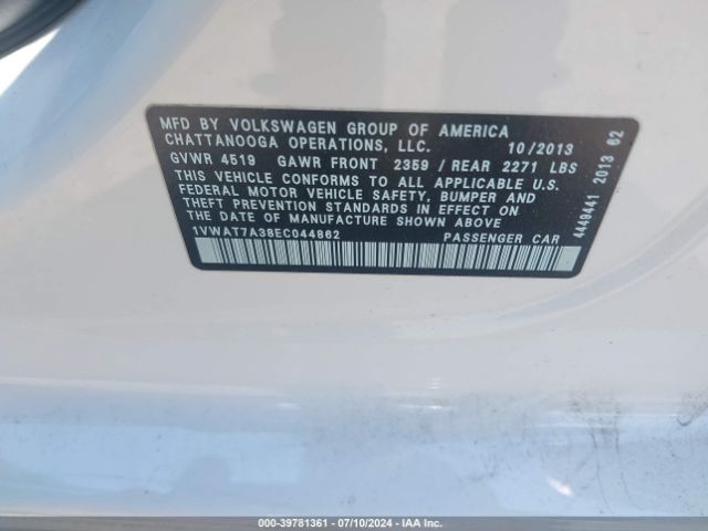 1VWAT7A38EC044862 Volkswagen Passat 1.8t Wolfsburg Edition