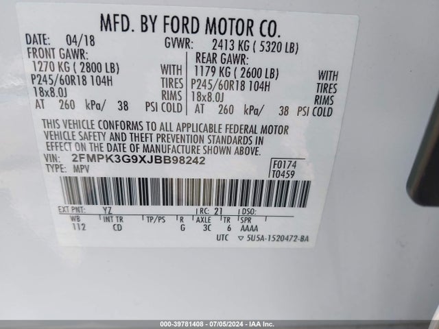 Ford EDGE SE 2018 2FMPK3G9XJBB98242 Image 9