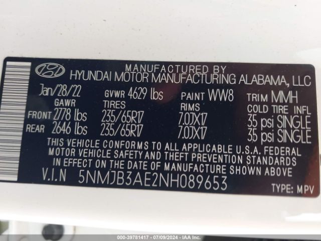 5NMJB3AE2NH089653 Hyundai TUCSON SEL