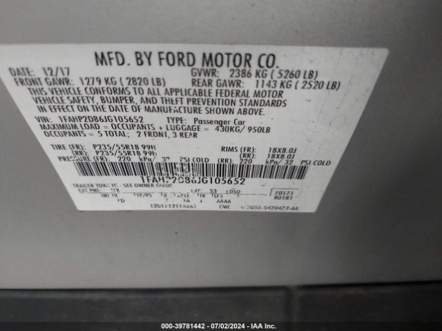 1FAHP2D86JG105652 Ford TAURUS SE