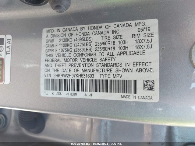Honda Cr-v Touring 2019 2HKRW2H97KH631693 Image 9