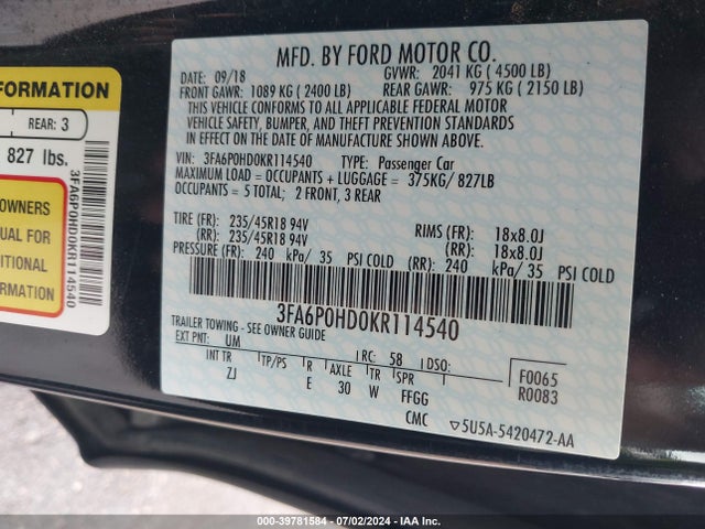 Ford FUSION SE 2019 3FA6P0HD0KR114540 Image 9