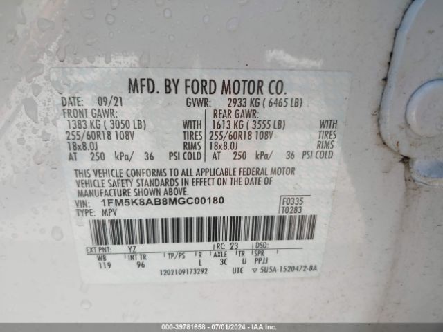 1FM5K8AB8MGC00180 Ford Police Interceptor Utility
