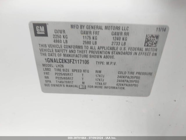Chevrolet Equinox 2lt 2015 1GNALCEK3FZ117106 Image 9