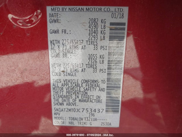 Nissan ROGUE SV 2018 5N1AT2MT0JC753437 Image 9