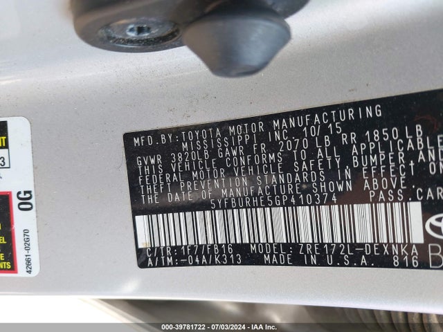 Toyota COROLLA LE 2016 5YFBURHE5GP410374 Image 9