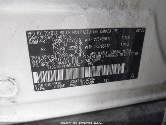 2T3G1RFVXNW301767 Toyota RAV4 LE