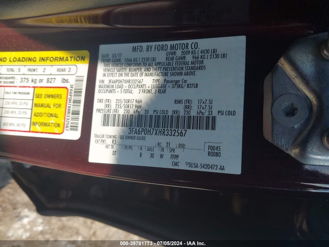 Ford FUSION SE 2017 3FA6P0H7XHR332567 Image 9
