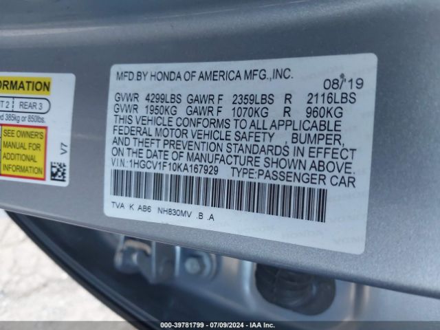 1HGCV1F10KA167929 Honda ACCORD LX