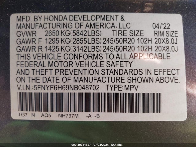 Honda Pilot Awd Touring 7 Passenger 2022 5FNYF6H69NB048702 Image 9