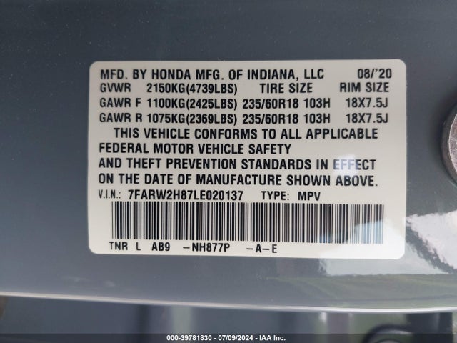 Honda Cr-v Awd Ex-l 2020 7FARW2H87LE020137 Image 9