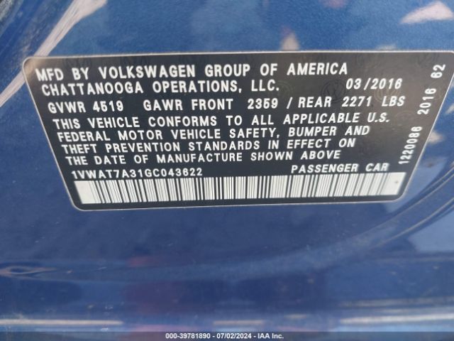 1VWAT7A31GC043622 Volkswagen Passat 1.8t S