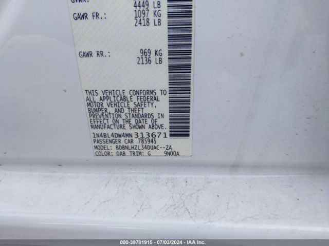 1N4BL4DW4MN313671 Nissan Altima Sv Intelligent Awd