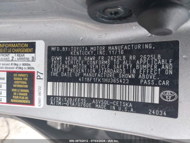 4T1BF1FK1HU365423 Toyota CAMRY SE