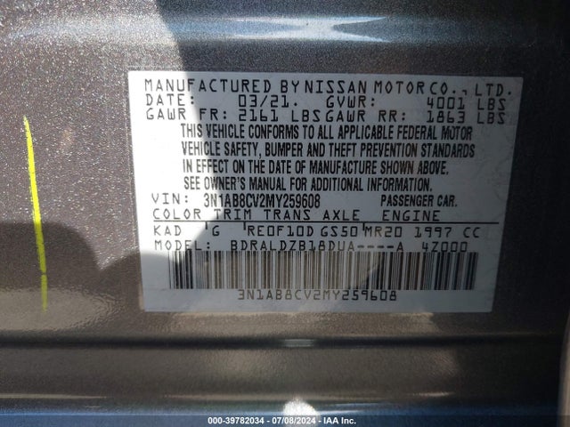 3N1AB8CV2MY259608 Nissan Sentra Sv Xtronic Cvt