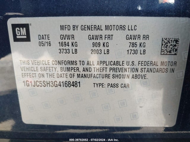 Chevrolet Sonic Lt Auto 2016 1G1JC5SH3G4168481 Image 9