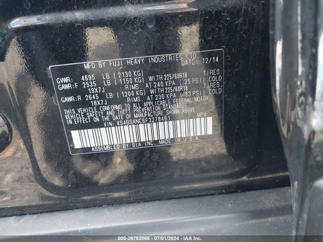Subaru Outback 2.5i Limited 2015 4S4BSANC6F3278481 Image 9