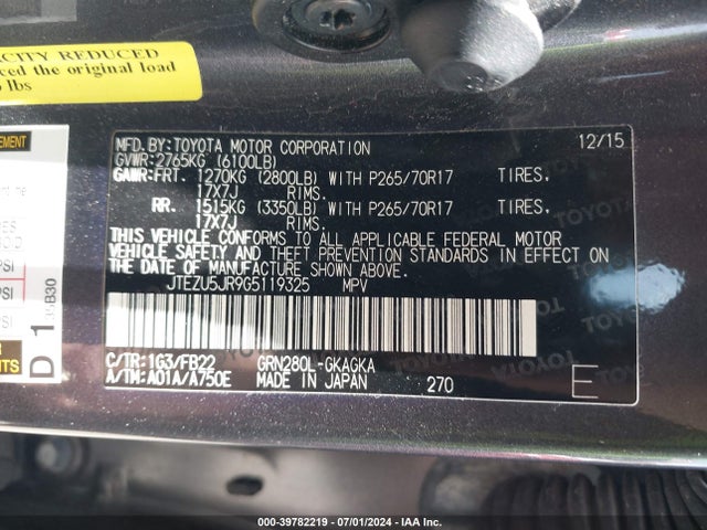 Toyota 4RUNNER SR5 2016 JTEZU5JR9G5119325 Image 9