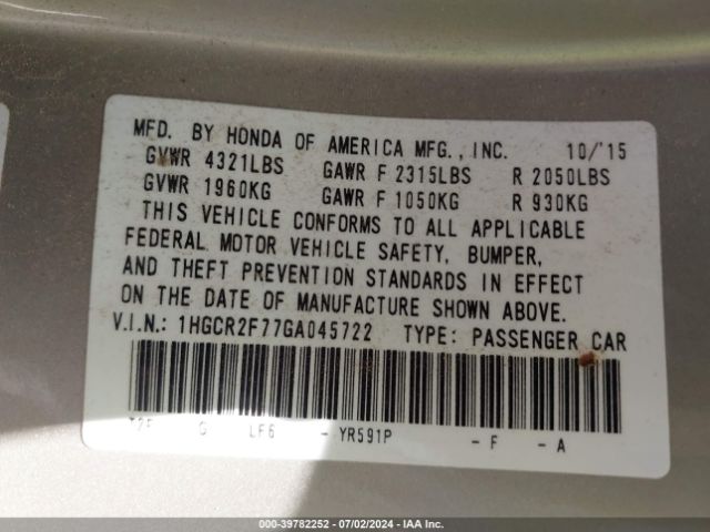 1HGCR2F77GA045722 Honda ACCORD EX