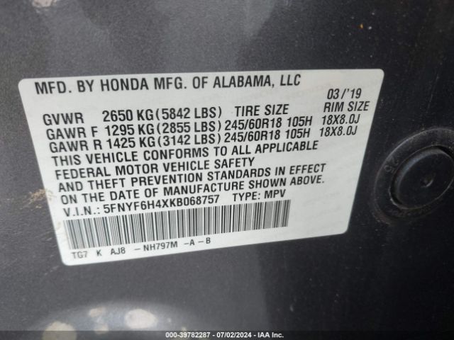 5FNYF6H4XKB068757 Honda Pilot Ex-l