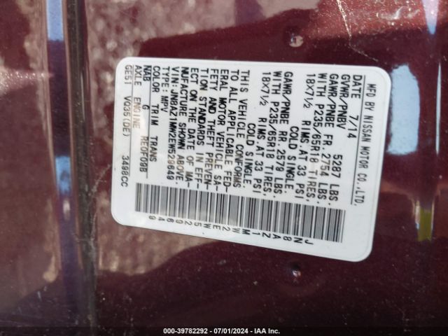 JN8AZ1MW2EW529649 Nissan MURANO SL