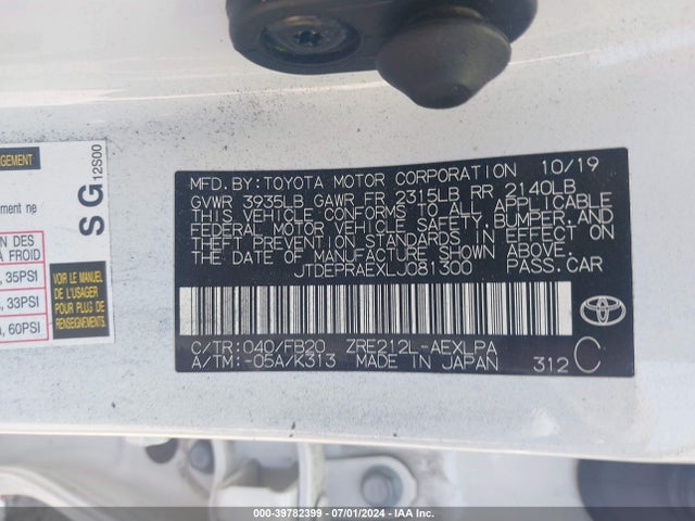 Toyota COROLLA LE 2020 JTDEPRAEXLJ081300 Image 9