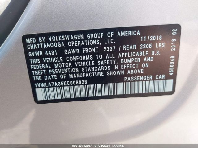 1VWLA7A35KC008928 Volkswagen Passat 2.0t Wolfsburg Edition