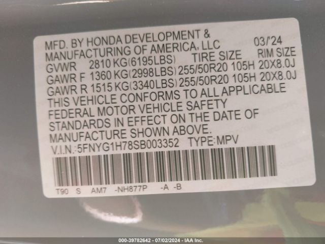 5FNYG1H78SB003352 Honda Pilot Awd Touring