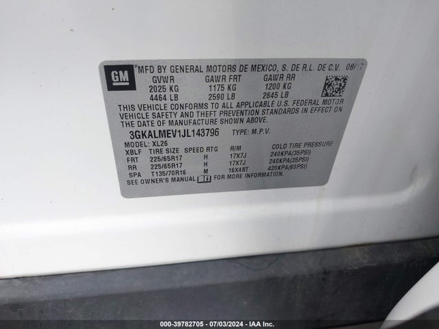 3GKALMEV1JL143796 GMC Terrain Sle