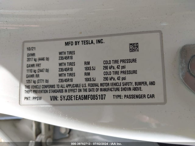 2021 TESLA MODEL 3 5YJ3E1EA5MF085107 Photo 8