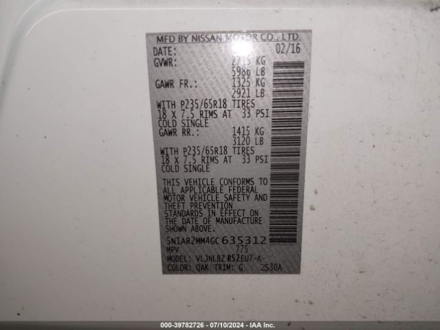 5N1AR2MM4GC635312 Nissan Pathfinder Platinum/s/sl/sv