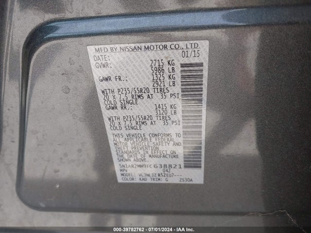 Nissan Pathfinder Platinum 2015 5N1AR2MM9FC638821 Image 9