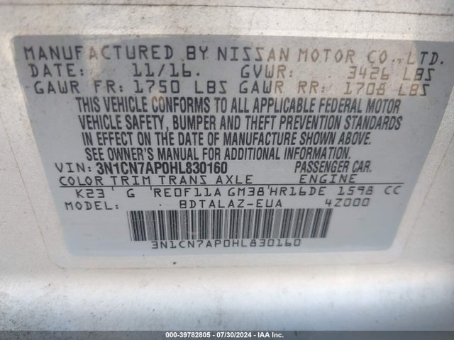 Nissan Versa 1.6 S+ 2017 3N1CN7AP0HL830160 Image 9