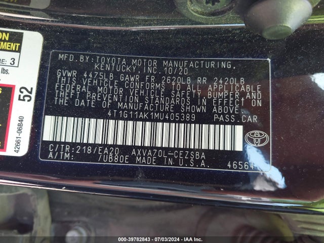 Toyota CAMRY SE 2021 4T1G11AK1MU405389 Image 9