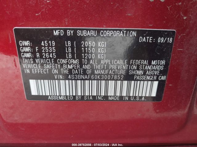 4S3BNAF60K3007852 Subaru Legacy 2.5i Premium