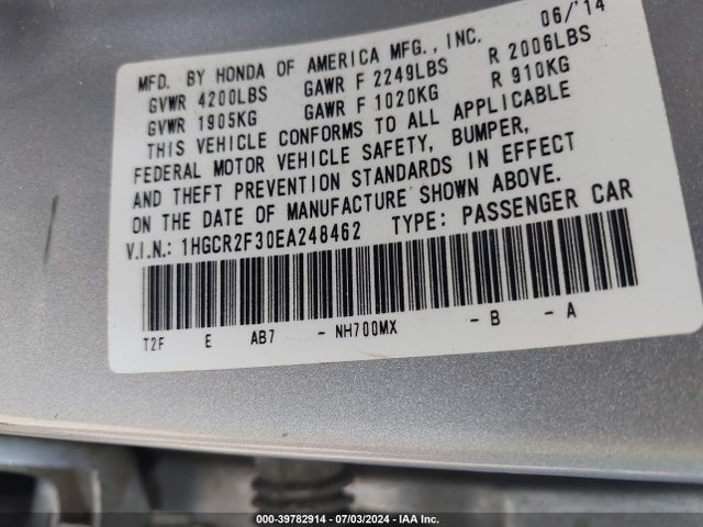 Honda ACCORD LX 2014 1HGCR2F30EA248462 Image 9