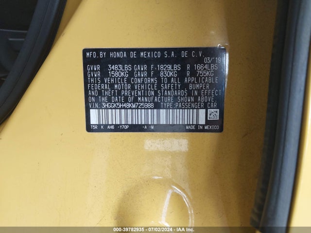 Honda FIT LX 2019 3HGGK5H48KM725988 Image 9