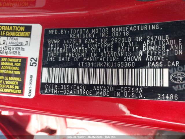 4T1B11HK7KU165360 Toyota CAMRY SE