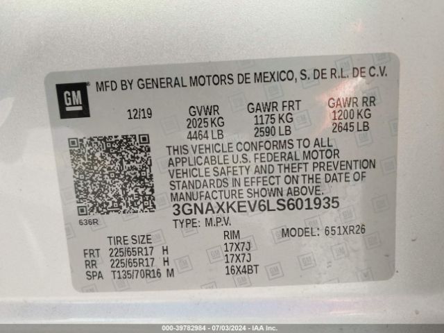 3GNAXKEV6LS601935 Chevrolet Equinox Fwd Lt 1.5l Turbo