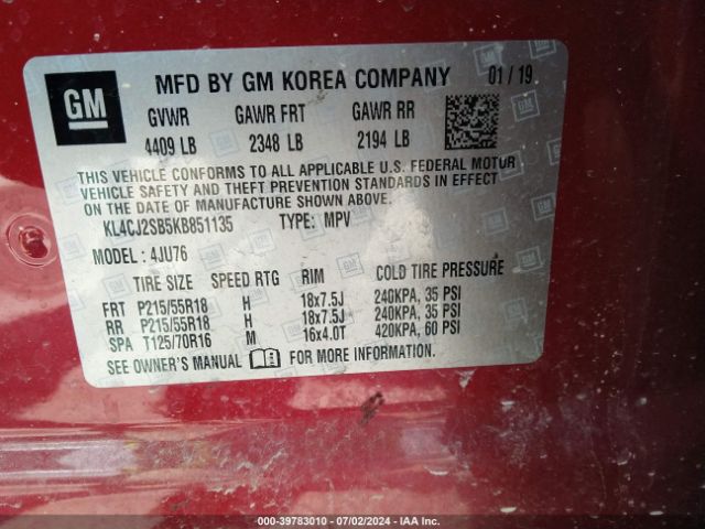 KL4CJ2SB5KB851135 Buick Encore Awd Sport Touring