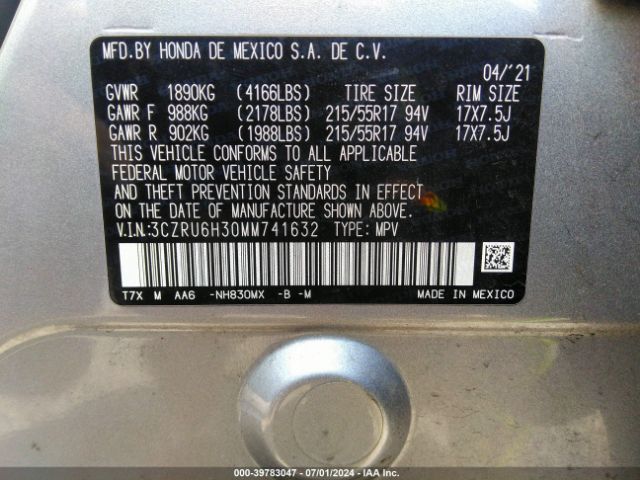 3CZRU6H30MM741632 Honda Hr-v Awd Lx