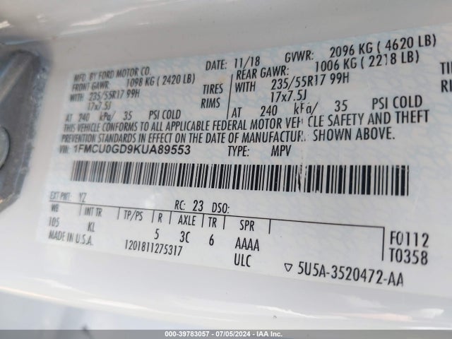 Ford ESCAPE SE 2019 1FMCU0GD9KUA89553 Image 9
