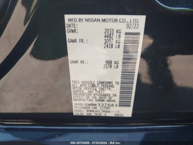 1N4BL4DW8NN337683 Nissan Altima Sv Intelligent Awd